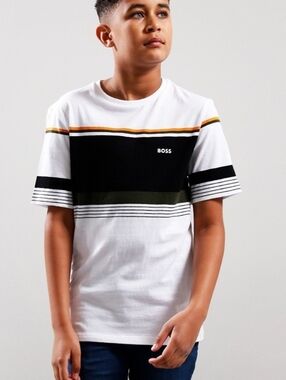 BOSS by HUGO BOSS Boy's T-Shirt Colorblock 100% Cotton White Tee Size 16y